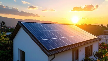 House roofed with solar panels glows against setting sun