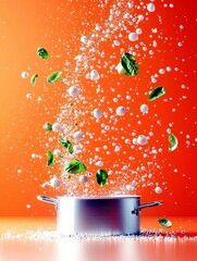Fresh basil leaves and bubbles are exploding upwards from a stainless steel pot, creating a dynamic culinary scene.
