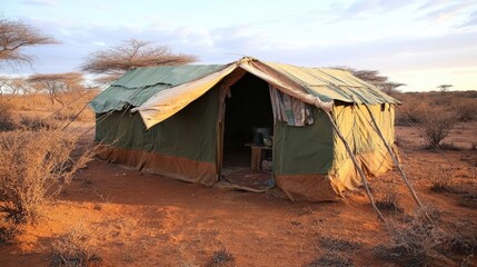 A Canvas Shelter With An Open Flap Revealing A Simple Interior