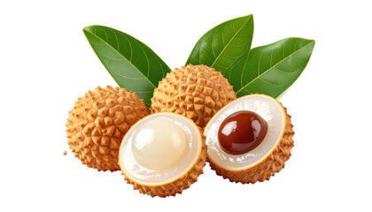 Lychees with green leaves, one halved and showing seed