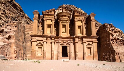 Ancient, majestic sandstone structure against a clear blue sky