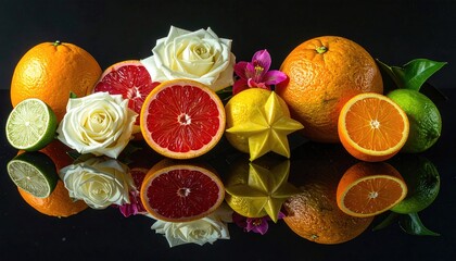 Colorful citrus fruits & white roses on dark reflective surface