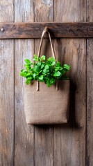A burlap tote bag filled with fresh green mint leaves hangs on a textured, rustic wooden wall.