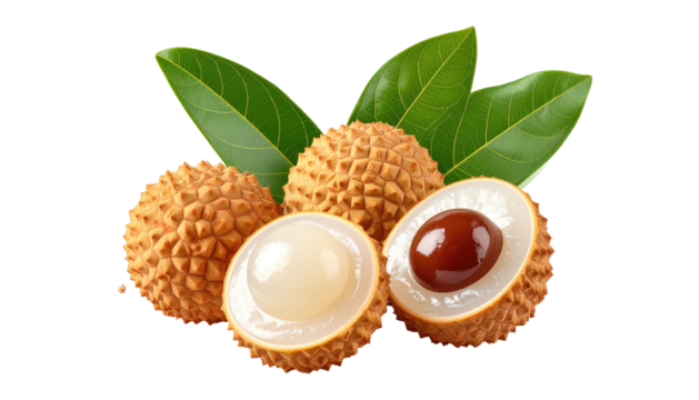 Lychees with green leaves, one halved and showing seed