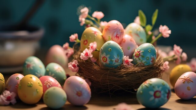 colorful, detailed, intricately detailed easter eggs in a woven basket, surrounded by spring flowers, vibrant colors, soft lighting, intricate patterns, high detail, cinematic lighting, depth of field