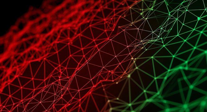 Abstract network background with red and green lines creating a complex interconnected web design