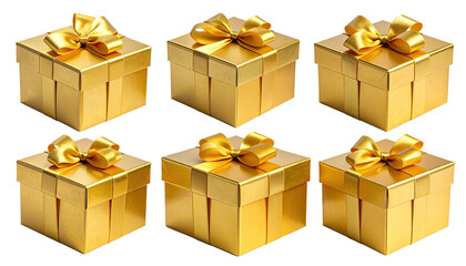 Six golden gift boxes, neatly stacked with ribbons