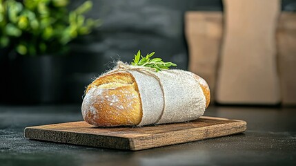 A rustic loaf of bread, wrapped in a white cloth and tied with twine, sits on a wooden board, ready to be served.