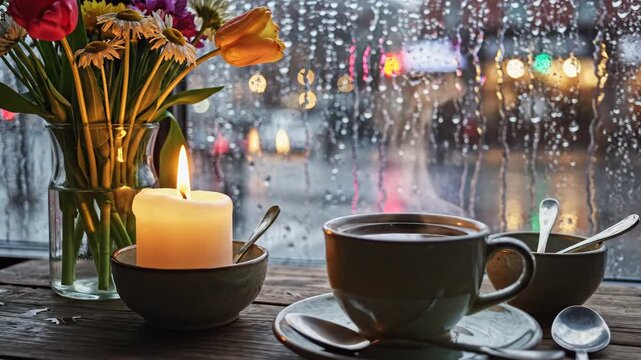 Cozy Rainy Day Coffee and Candlelight Ambiance.