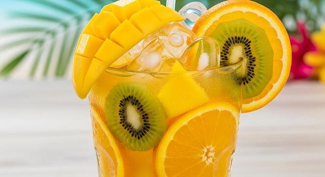 Refreshing tropical fruit drink with mango, kiwi, and orange slices.