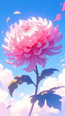 Pink chrysanthemum blooms against a pastel blue sky
