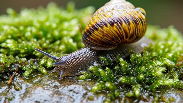 A common garden snail with a beautifully patterned shell slowly moves across a lush, damp green mossy surface in a natural outdoor setting.