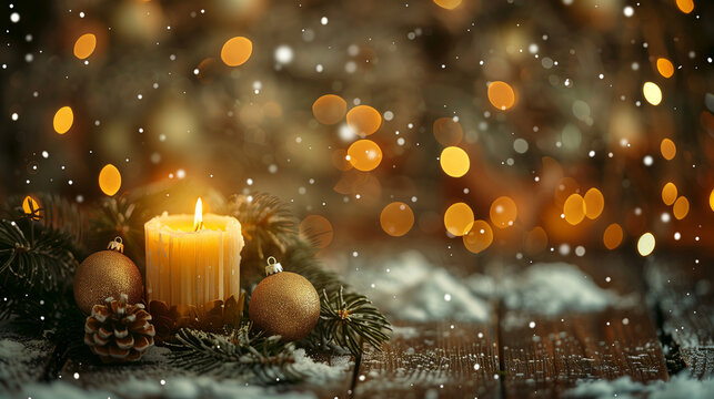 Cozy rustic Christmas candlelight background on wooden table