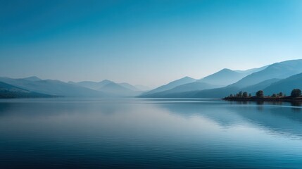 Fototapeta premium Vast Lake with Calm Water and Distant Hazy Mountains 