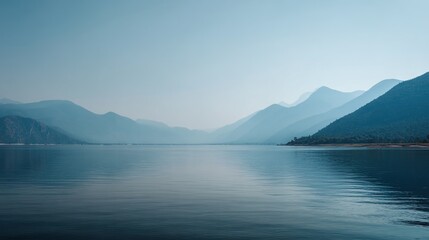 Obraz premium Vast Lake with Calm Water and Distant Hazy Mountains 
