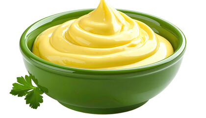 Swirl of yellow sauce in a green bowl with parsley garnish