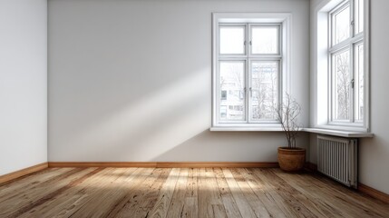 Obraz premium Sunlit empty room with wood floor and large windows.