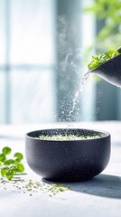 Water is poured over fresh basil leaves in a dark bowl, creating a mist and steam, with chopped herbs scattered around.
