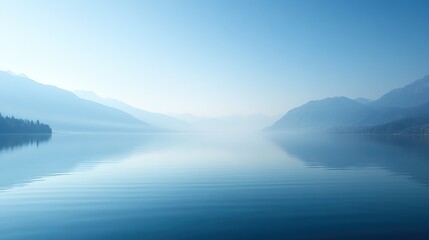 Vast Lake with Calm Water and Distant Hazy Mountains
