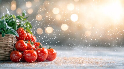 A close-up shot of ripe red tomatoes and fresh green herbs in a woven basket, dusted with sparkling snow and set against a backdrop of soft bokeh lights.