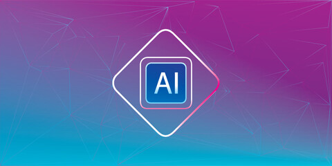 Modern AI symbol in a blue square framed by a glowing neon diamond.