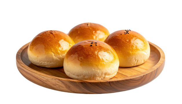 Golden buns on wood platter. Simple, appetizing presentation