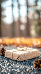 A textured gift box tied with twine sits on a dark, sparkling surface, framed by pinecones and blurred autumn foliage.