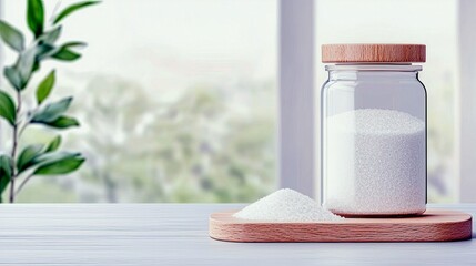 A glass jar filled with white granular sugar sits on a wooden board next to a small pile of sugar, with a blurred green plant and window in the background.