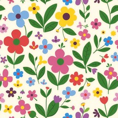 Vibrant and cheerful seamless pattern of colorful hand drawn flowers