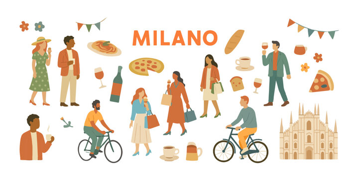 A vector illustration set featuring a traveler in Milan, pizza, wine, and other small items.