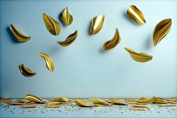 Golden petals are suspended in mid-air and scattered on the floor against a soft blue background.