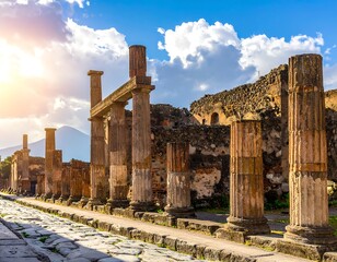 Ancient Roman ruins, columns, and pathways, under a bright blue sky