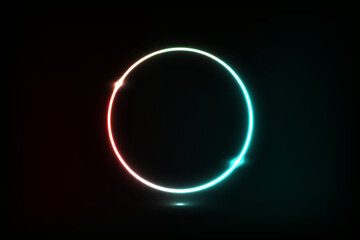 A glowing neon circle with a dynamic gradient from red to cyan, creating an electric pulse effect on a dark background.