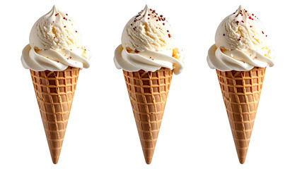 Triple scoops of vanilla ice cream in waffle cones on black