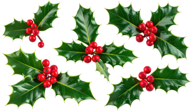 Festive holly sprigs, green leaves and bright red berries scattered
