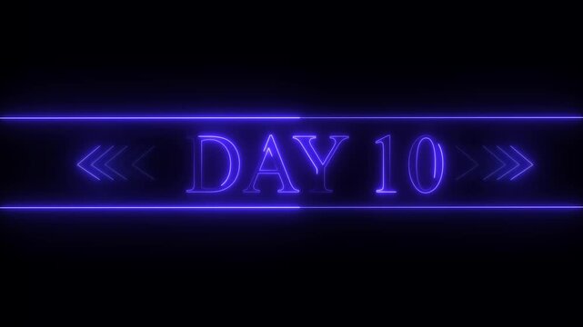 Neon glowing text DAY 10 with blue light effects on black background day 10 number