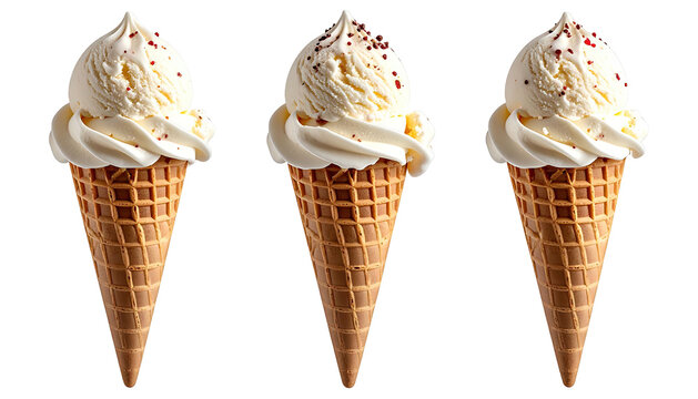 Triple scoops of vanilla ice cream in waffle cones on black