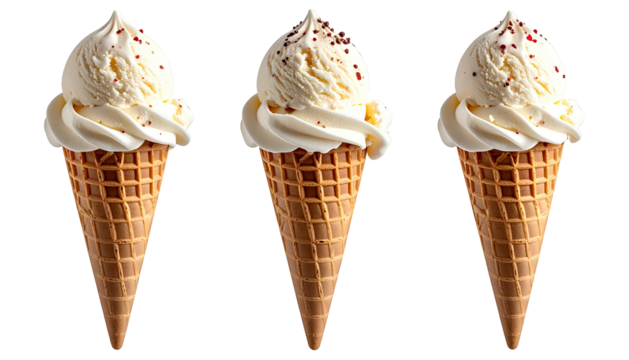 Triple scoops of vanilla ice cream in waffle cones on black