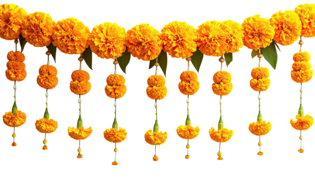 Festive garland with bright yellow marigold flowers