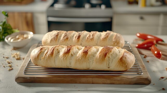 Artisan loaves of bread cooling on a wire rack in the kitchen