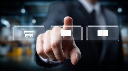 Professional businessman in suit engaging modern touchscreen display high tech digital interaction and future technology.