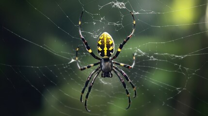 close-up, detailed, high resolution, macro shot, arachnid, orb-weaver spider, yellow and black body, intricate web, natural lighting, nature, outdoor setting, sharp focus, studio-like, insect photogra