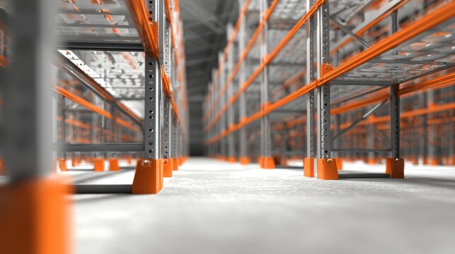 Industrial warehouse storage system with extensive row of bright orange metal racks for inventory organization and efficient stock management. - Powered by Adobe