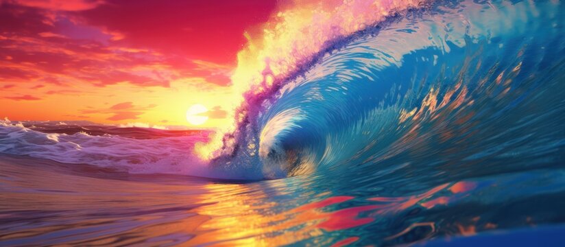 a massive crashing wave at sunset, ocean wave glowing with vibrant warm colors, dramatic sunset sky with fiery orange and pink hues, tropical beach with silky smooth sand, epic wave against dramatic s - Powered by Adobe