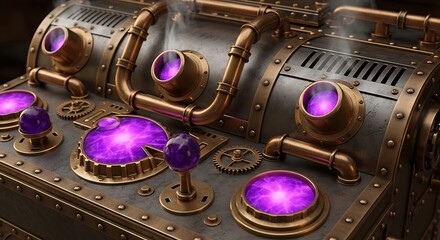 Steampunk Machine with Purple Orbs and Brass Piping Futuristic Engine Power Source Retro Technology Innovative Device