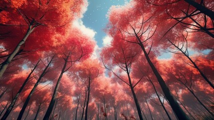 detailed, vibrant, autumnal red trees, tall forest landscape, glowing warm tones, lush canopy, dramatic sky, digital art, realistic, cinematic, 8k resolution
