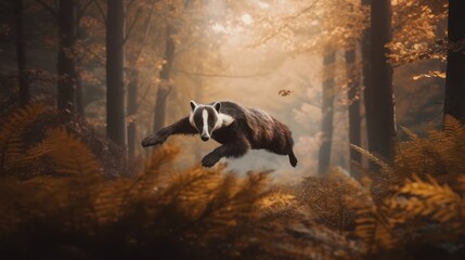 a badger walking through a magical autumnal forest, surreal lighting, cinematic, atmospheric, detailed, cinematic, 8k, award-winning photograph
