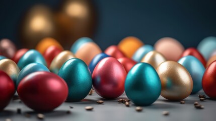 colorful ornamental easter eggs, various pastel colors, intricate patterns, reflective surfaces, stark dark background, soft focus, detailed, elegant, 4K
