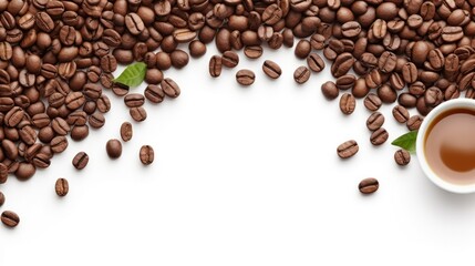 coffee beans, fresh roasted coffee beans, close-up of coffee beans, coffee beans background, coffee beans texture, coffee beans with leaves, cup of coffee, ceramic coffee cup
