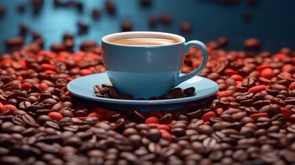 coffee cup, coffee beans, dark background, moody lighting, high contrast, deep blue tones, detailed, cinematic, photorealistic
